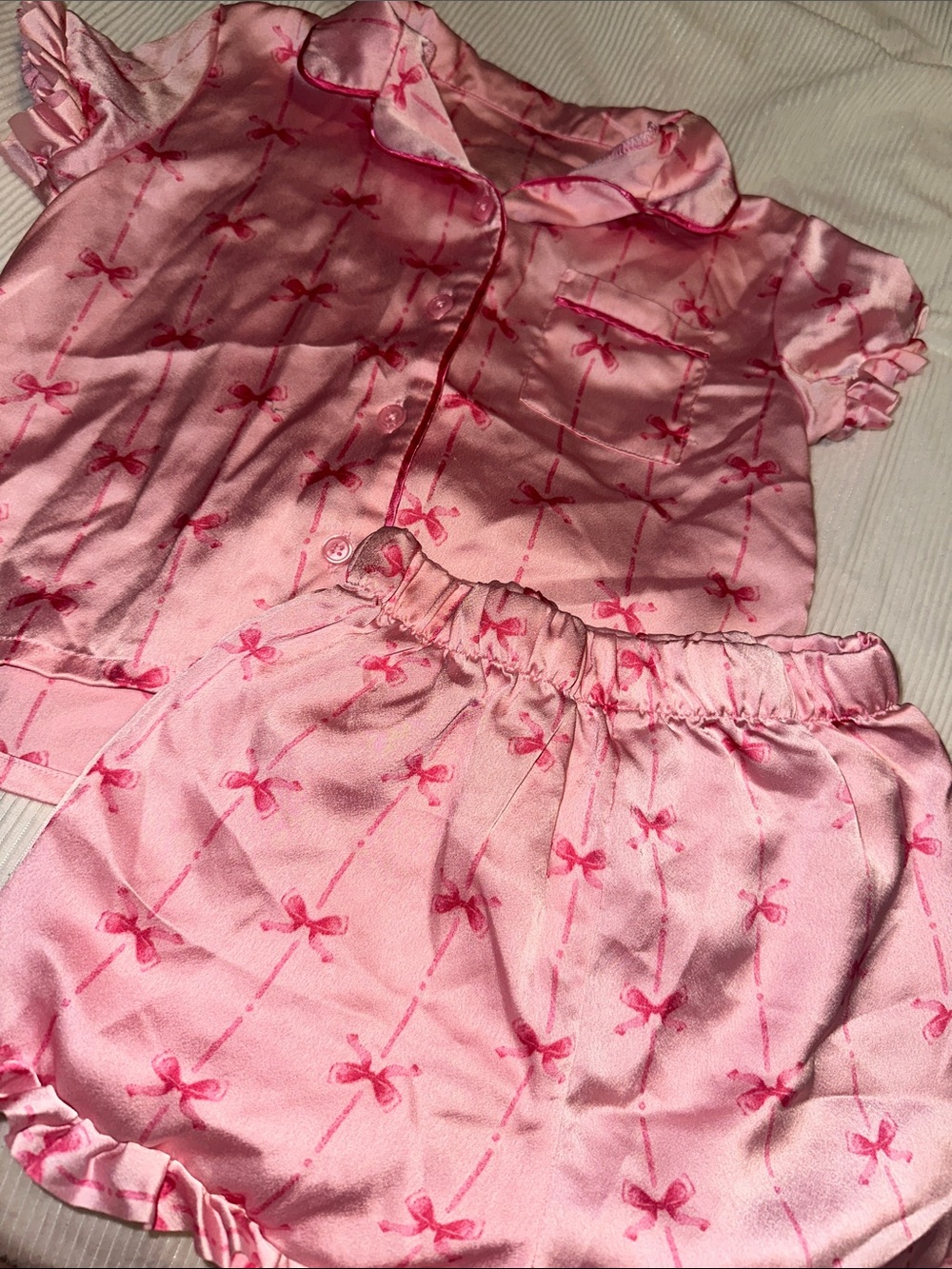 Pink Bow-Print Kids Pajama Set - Short Sleeve Top & Shorts